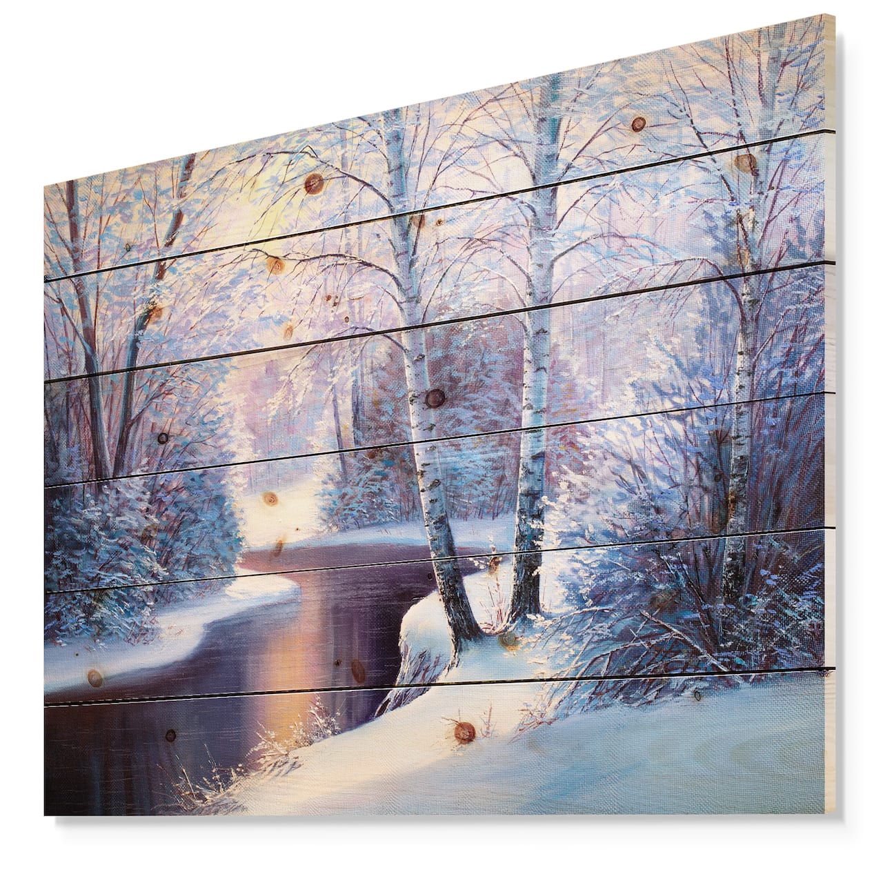 Designart - Winter Forest in River Sunset - Landscapes Painting Print on Natural Pine Wood
